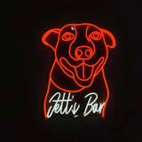 custom dog neon sign in orange and white with Jett's Bar name in it