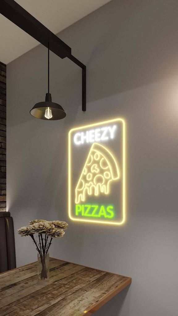 Cheezy Pizza Custom Neon Light Sign made for business and window display. Get more customers with this custom designed neon light in LED.