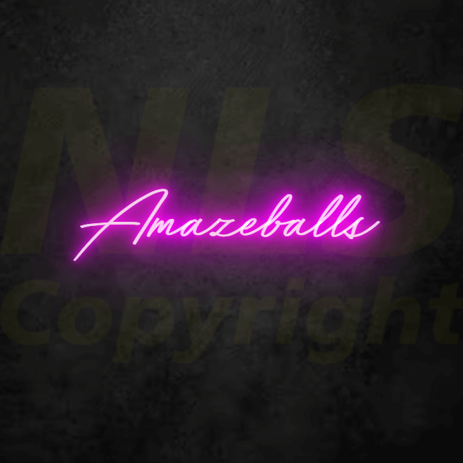 amazeballs funny neon sign in purple colour with a glow on a dark background.