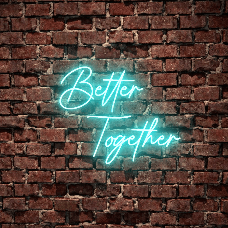 Better Together - The classic wedding sign, fully customised led neon sign in aqua or baby blue colour. Premium LED neon tubing used with 7mm thick acrylic clear backing, cut to shape. Perfect for a wall light for your room or business or as a wedding neon sign. Free delivery included within australia. Neonlightsigns create the best neon sign 2021 online and cheap to create your personalised custom neon sign.