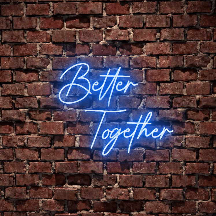 Better Together - The classic wedding sign, fully customised led neon sign in electric blue colour. Premium LED neon tubing used with 7mm thick acrylic clear backing, cut to shape. Perfect for a wall light for your room or business or as a wedding neon sign. Free delivery included within australia. Neonlightsigns create the best neon sign 2021 online and cheap to create your personalised custom neon sign.