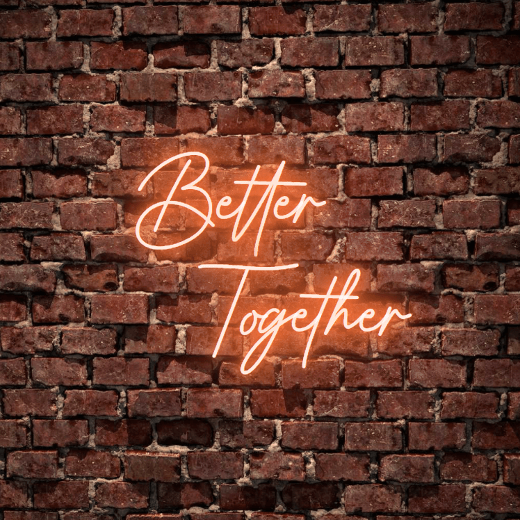 Better Together - The classic wedding sign, fully customised led neon sign in orange colour. Premium LED neon tubing used with 7mm thick acrylic clear backing, cut to shape. Perfect for a wall light for your room or business or as a wedding neon sign. Free delivery included within australia. Neonlightsigns create the best neon sign 2021 online and cheap to create your personalised custom neon sign.