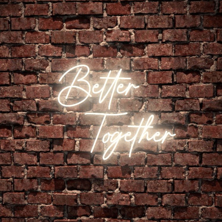 Better Together - The classic wedding sign, fully customised led neon sign in warm white. Premium LED neon tubing used with 7mm thick acrylic clear backing, cut to shape. Perfect for a wall light for your room or business or as a wedding neon sign. Free delivery included within australia. Neonlightsigns create the best neon sign 2021 online and cheap to create your personalised custom neon sign.