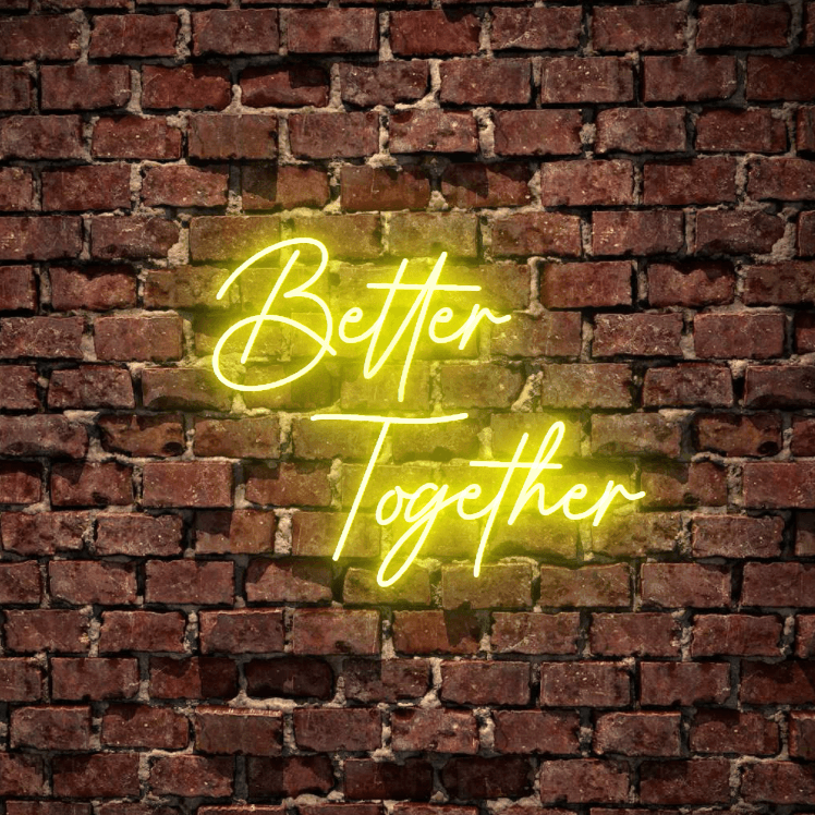 Better Together - The classic wedding sign, fully customised led neon sign in royal yellow colour. Premium LED neon tubing used with 7mm thick acrylic clear backing, cut to shape. Perfect for a wall light for your room or business or as a wedding neon sign. Free delivery included within australia. Neonlightsigns create the best neon sign 2021 online and cheap to create your personalised custom neon sign.