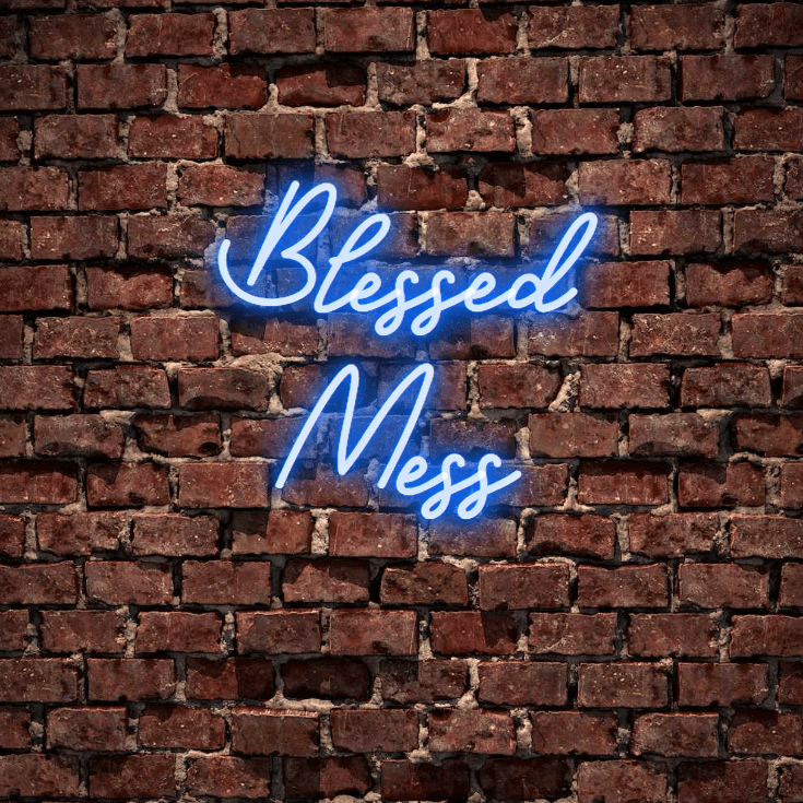 Blessed Mess- A beautiful, fully customised led neon sign in electric blue colour. This is the sign for your room or living room. Premium LED neon tubing used with 7mm thick acrylic clear backing, cut to shape. Perfect for a wall light for your room or business or as a wedding neon sign. Free delivery included within australia. Neonlightsigns create the best neon sign 2021 online and cheap to create your personalised custom neon sign.