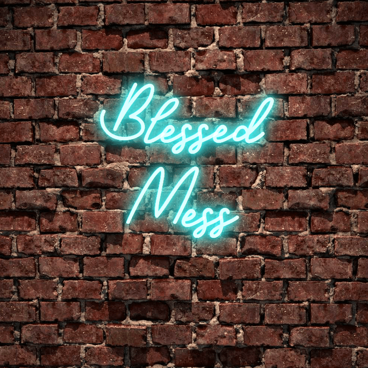 Blessed Mess- A beautiful, fully customised led neon sign in baby blue colour. This is the sign for your room or living room. Premium LED neon tubing used with 7mm thick acrylic clear backing, cut to shape. Perfect for a wall light for your room or business or as a wedding neon sign. Free delivery included within australia. Neonlightsigns create the best neon sign 2021 online and cheap to create your personalised custom neon sign.