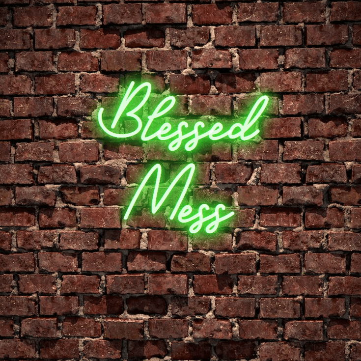 Blessed Mess- A beautiful, fully customised led neon sign in neon green colour. This is the sign for your room or living room. Premium LED neon tubing used with 7mm thick acrylic clear backing, cut to shape. Perfect for a wall light for your room or business or as a wedding neon sign. Free delivery included within australia. Neonlightsigns create the best neon sign 2021 online and cheap to create your personalised custom neon sign.